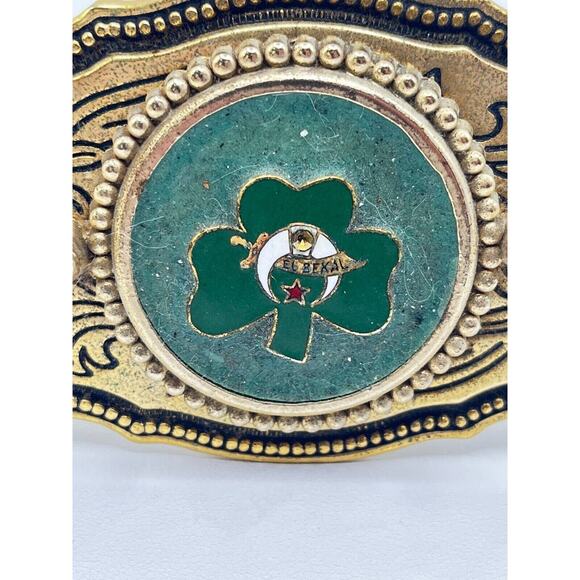 El Bekal Shriners 3-Leaf Clover Gold Tone Belt Buckle - Picture 4 of 5